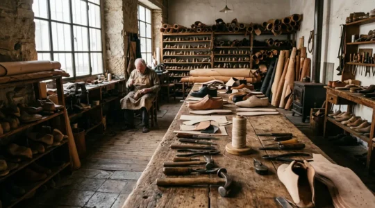 Artesanos trabajando en taller tradicional de calzado con herramientas de cuero