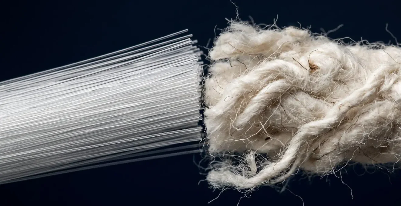 Comparación microscópica entre fibras de poliéster lisas e hidrofóbicas y fibras naturales de algodón con textura porosa