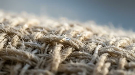 Textura microscópica de fibras de lino orgánico mostrando su estructura natural y suave