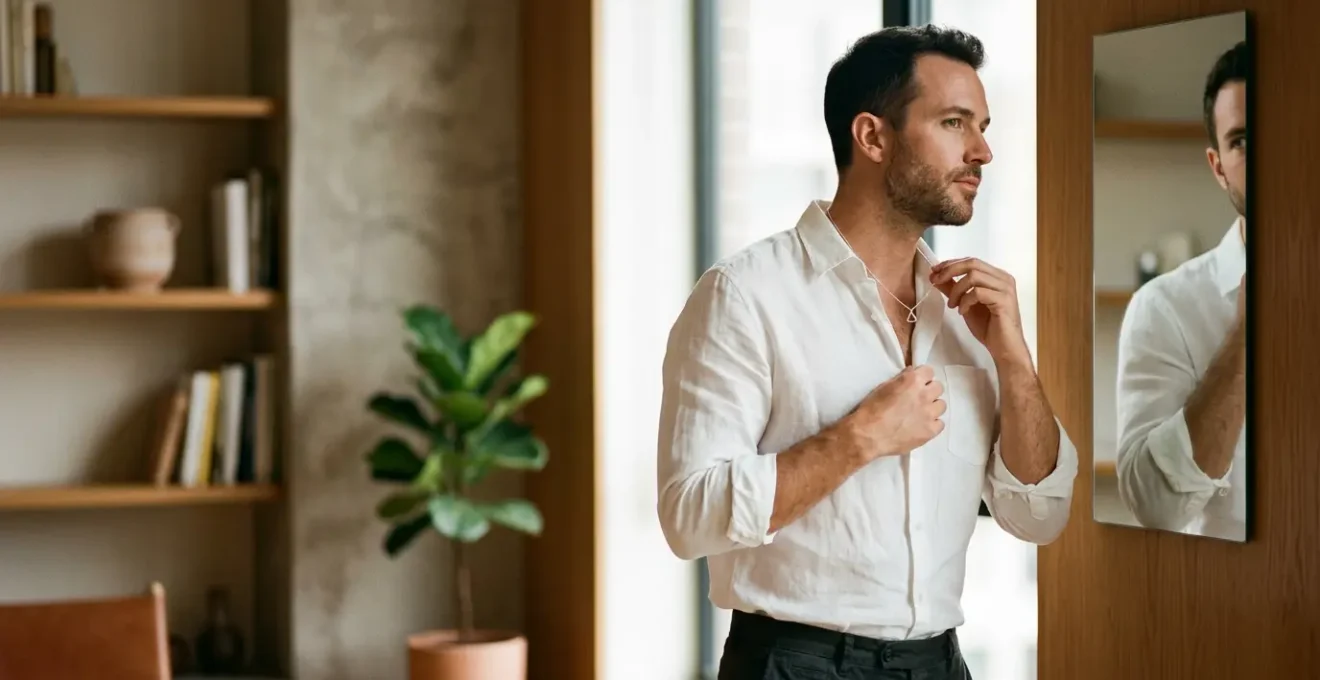 Hombre de 30 años con joyas masculinas sutiles mostrando confianza y estilo refinado