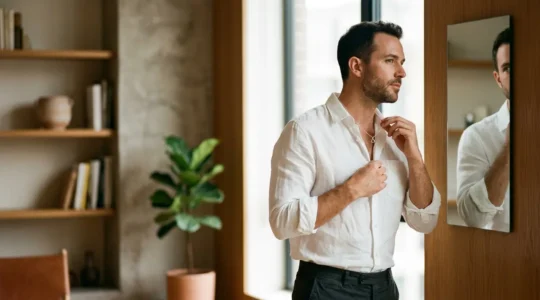 Hombre de 30 años con joyas masculinas sutiles mostrando confianza y estilo refinado