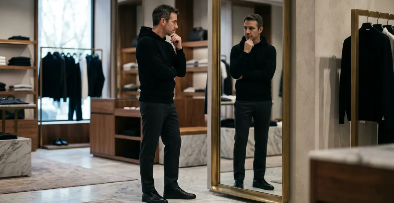 Hombre de 40 años probándose ropa de streetwear de lujo frente a un espejo en una boutique elegante