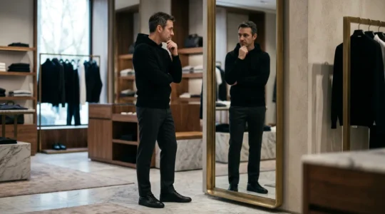 Hombre de 40 años probándose ropa de streetwear de lujo frente a un espejo en una boutique elegante