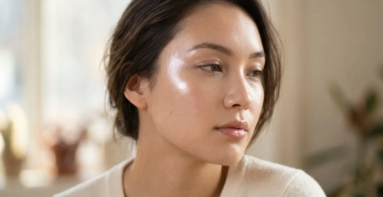 Rostro con efecto de piel húmeda cristalina mostrando puntos de luz natural en pómulos