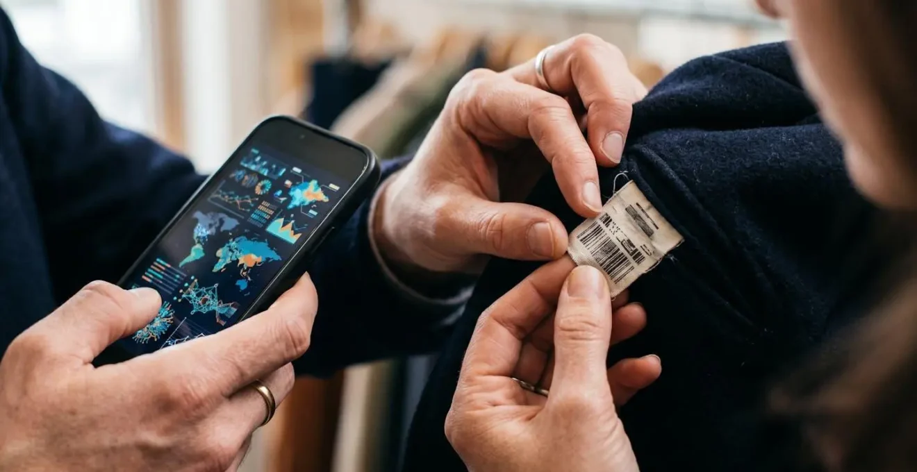 Manos sosteniendo prenda con etiqueta mientras otra mano usa smartphone