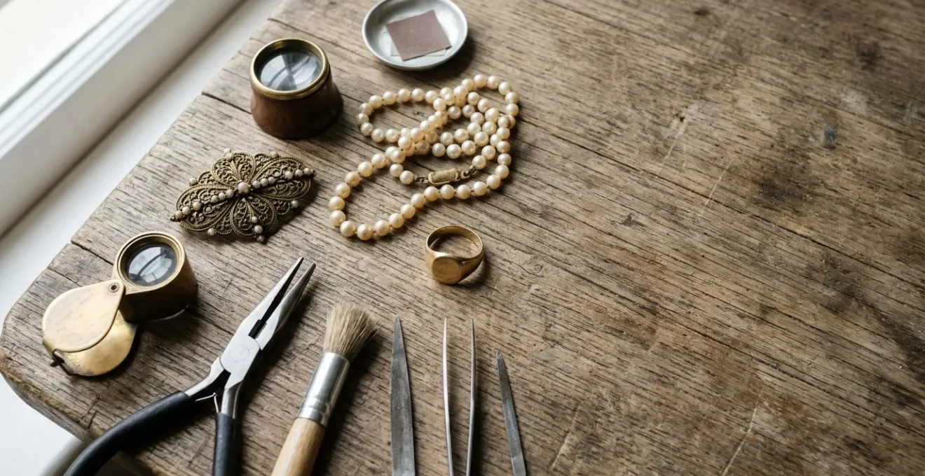 Mesa de trabajo de joyero con joyas antiguas heredadas en proceso de restauración