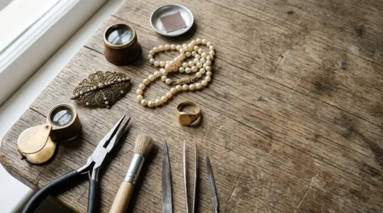 Mesa de trabajo de joyero con joyas antiguas heredadas en proceso de restauración
