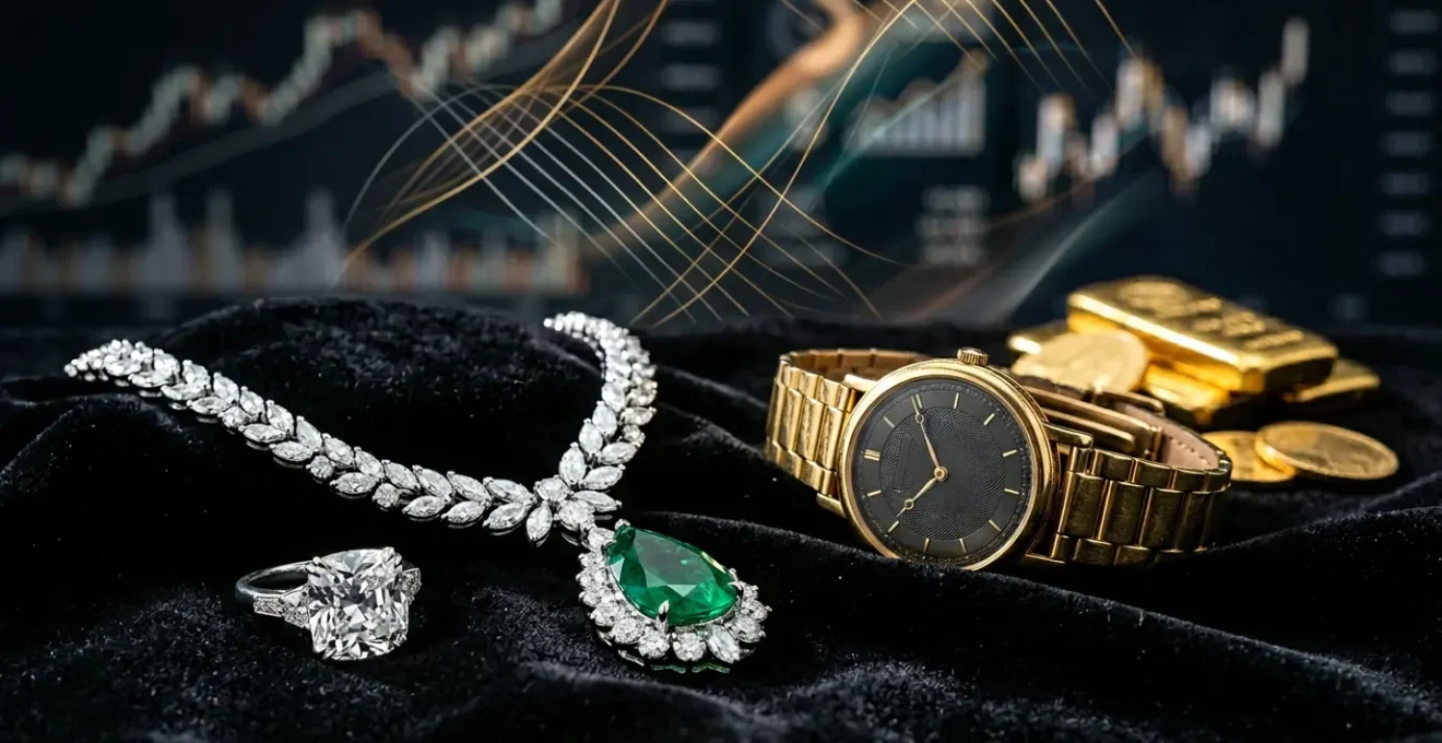 Colección de joyas de alta gama sobre terciopelo oscuro con lingotes de oro y gráficos financieros difuminados al fondo