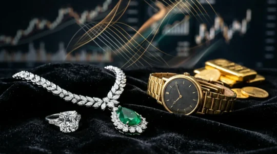 Colección de joyas de alta gama sobre terciopelo oscuro con lingotes de oro y gráficos financieros difuminados al fondo