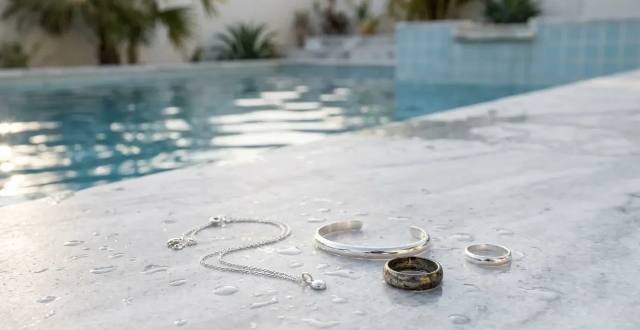 Joyas de plata junto a una piscina en verano mostrando el proceso de oxidación