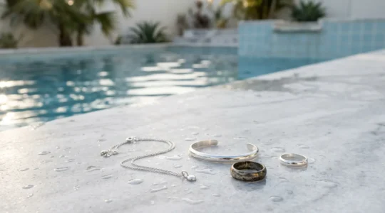 Joyas de plata junto a una piscina en verano mostrando el proceso de oxidación