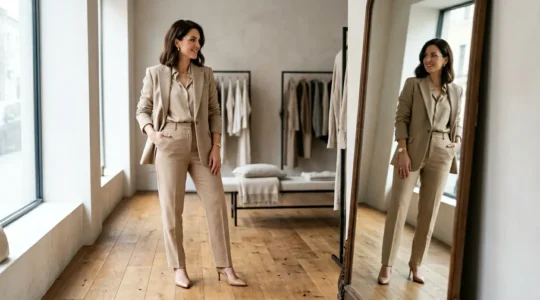 Mujer elegante con look monocromático beige reflejándose en espejo de cuerpo completo