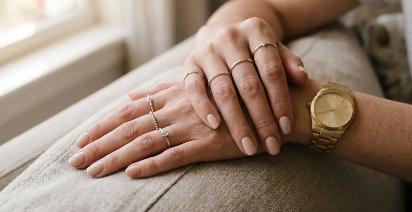 Manos elegantes mostrando combinación armoniosa de joyas doradas y plateadas