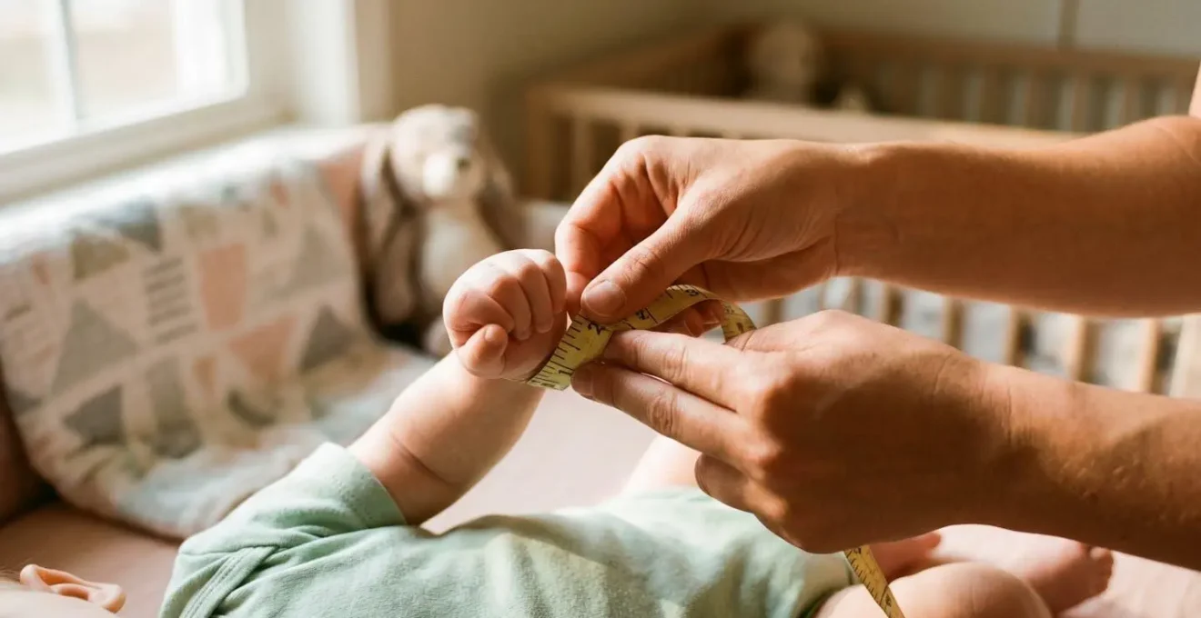 Manos adultas midiendo muñeca de bebé con cinta métrica suave y espacio para dos dedos