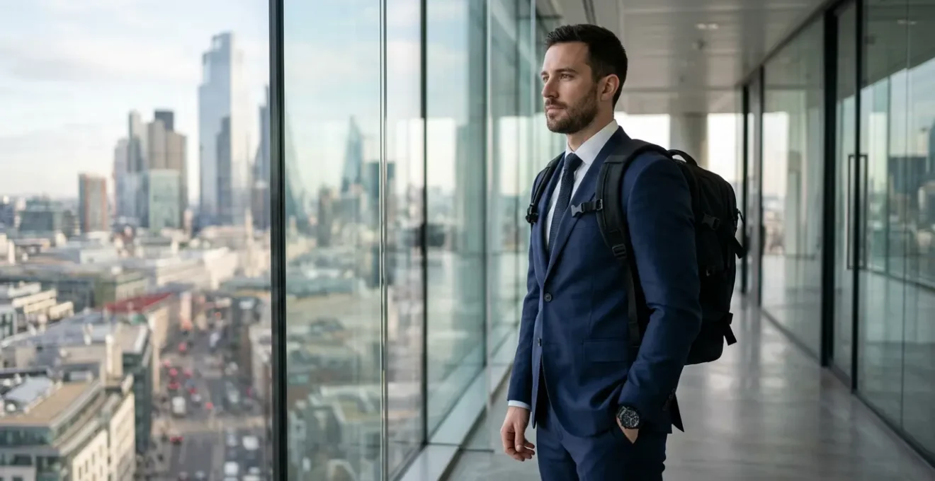 Profesional con mochila técnica y reloj táctico en entorno de oficina moderna