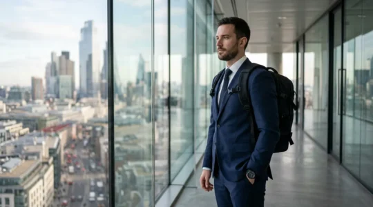 Profesional con mochila técnica y reloj táctico en entorno de oficina moderna