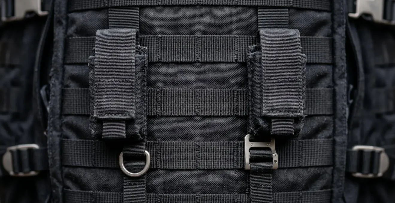 Detalle macro de sistema MOLLE en mochila técnica negra con accesorios modulares