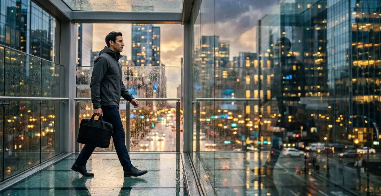 Profesional urbano con chaqueta técnica impermeable en distrito financiero bajo la lluvia