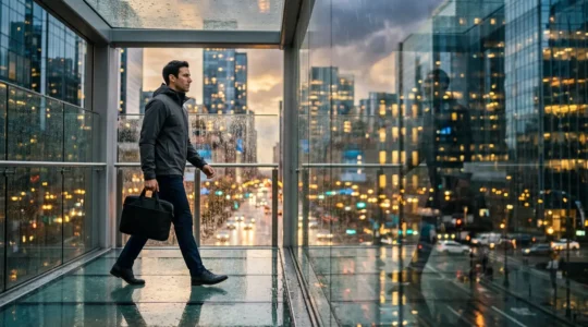 Profesional urbano con chaqueta técnica impermeable en distrito financiero bajo la lluvia