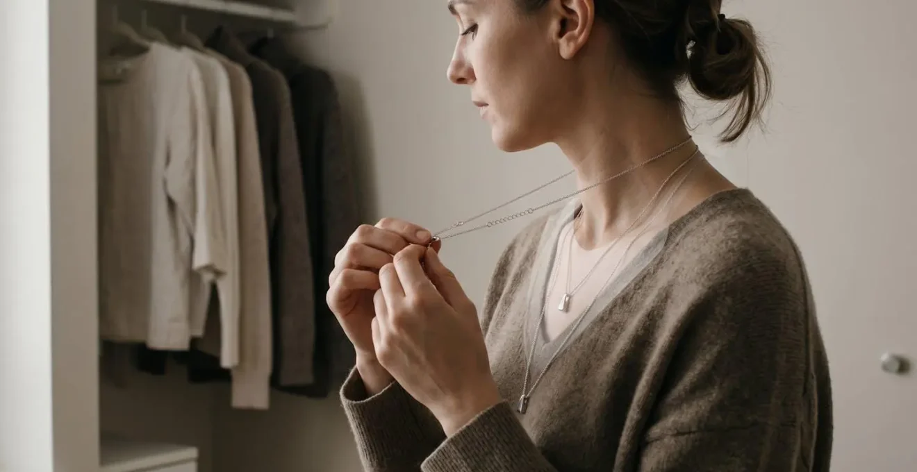 Mujer ajustando la longitud de su collar con amuleto frente a diferentes prendas de vestir