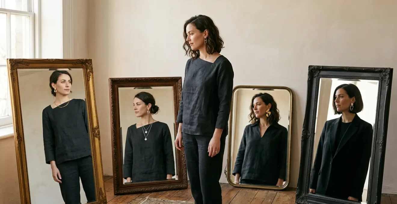 Mujer frente a espejo múltiple reflejando diferentes versiones de su identidad a través de moda y joyas