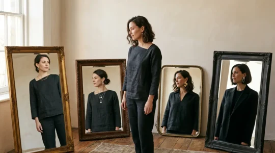 Mujer frente a espejo múltiple reflejando diferentes versiones de su identidad a través de moda y joyas