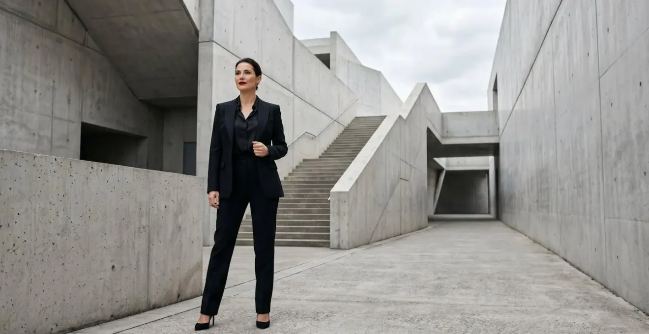 Retrato elegante de mujer con outfit negro total y labios rojos vibrantes