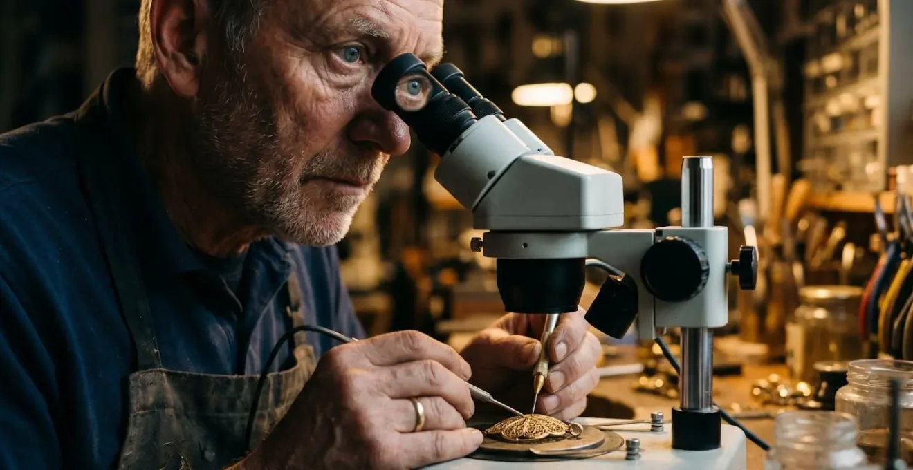 Un orfebre artesano experto trabajando con un microscopio de precisión y una herramienta de soldadura láser en una joya antigua y delicada.