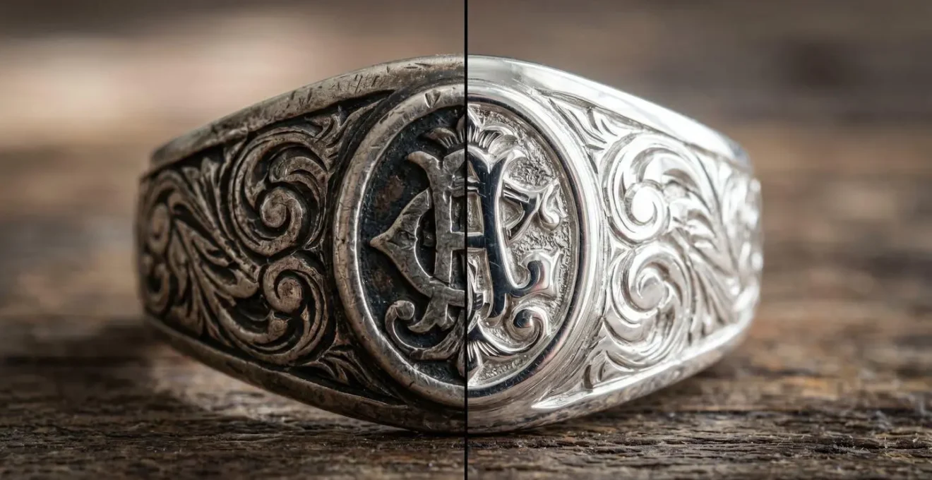 Comparación visual entre pátina artística vintage y oxidación no deseada en joyas de plata