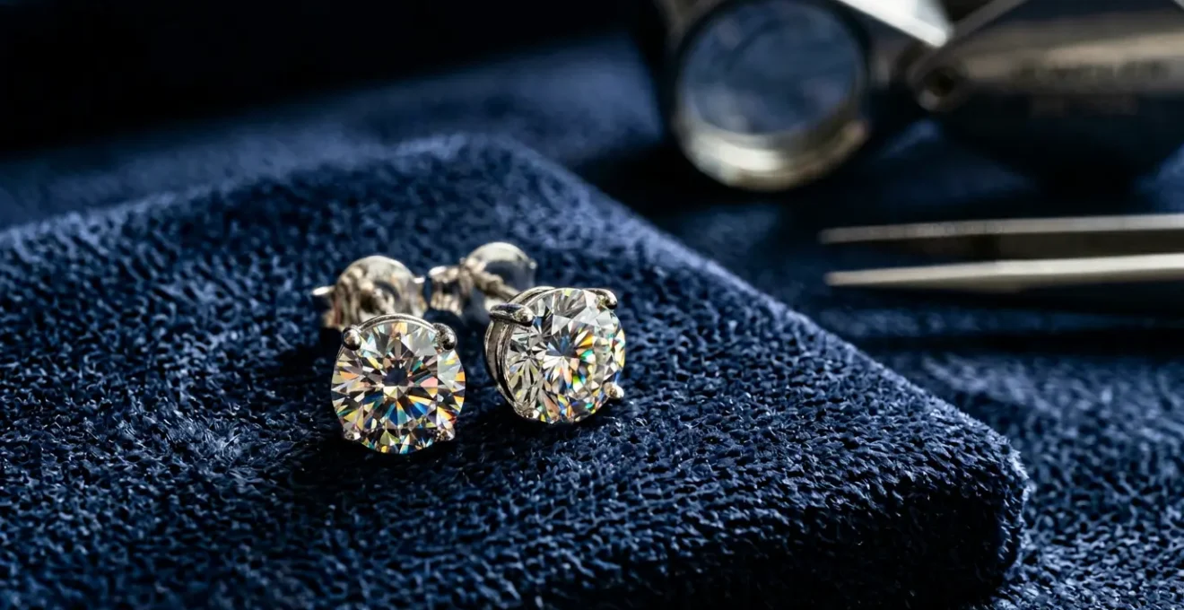 Pendientes de diamantes brillantes sobre superficie de terciopelo oscuro con herramientas de joyería profesionales