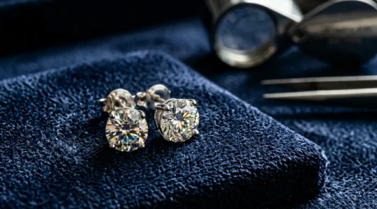 Pendientes de diamantes brillantes sobre superficie de terciopelo oscuro con herramientas de joyería profesionales