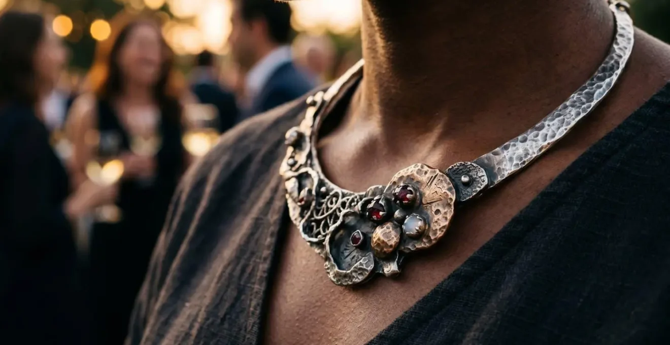 Collar asimétrico artesanal siendo admirado en un evento social elegante