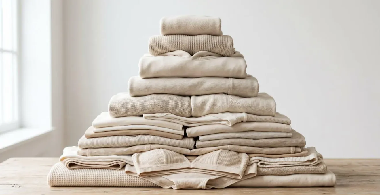 Pirámide visual de prioridades textiles mostrando la transición progresiva de ropa sintética a orgánica