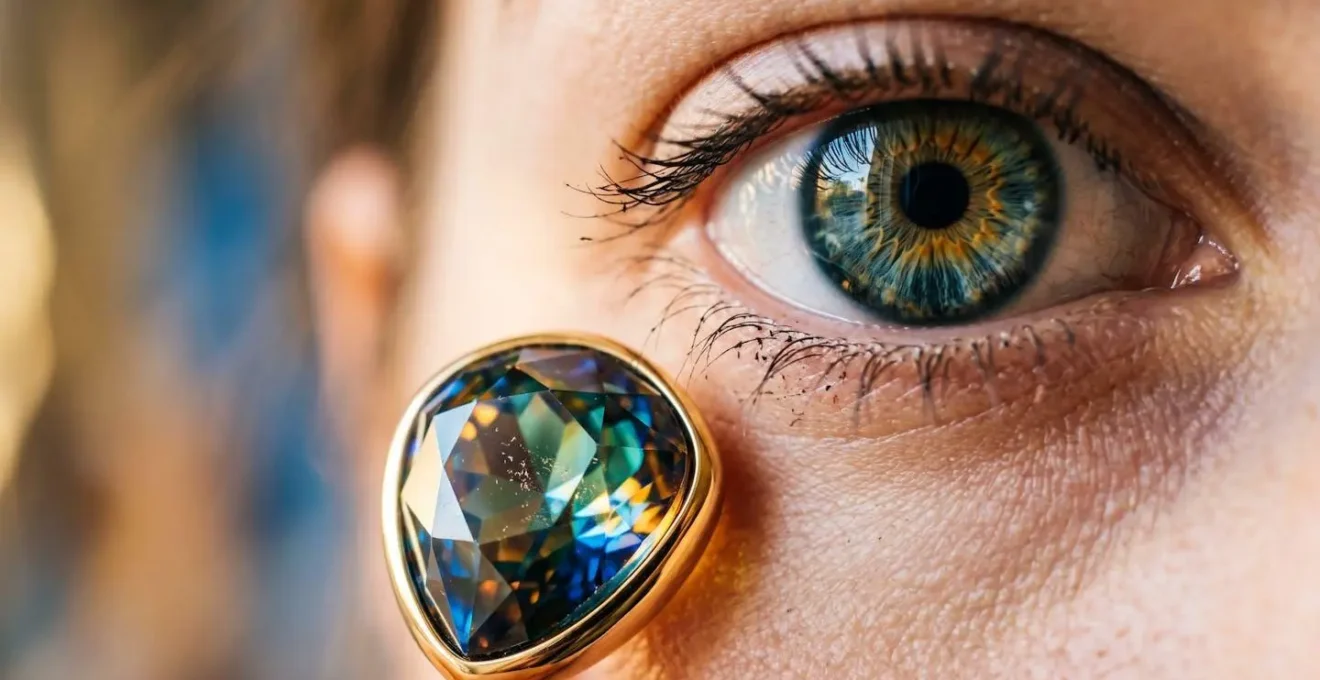 Rostro de mujer con pendientes de piedras preciosas resaltando el color de sus ojos