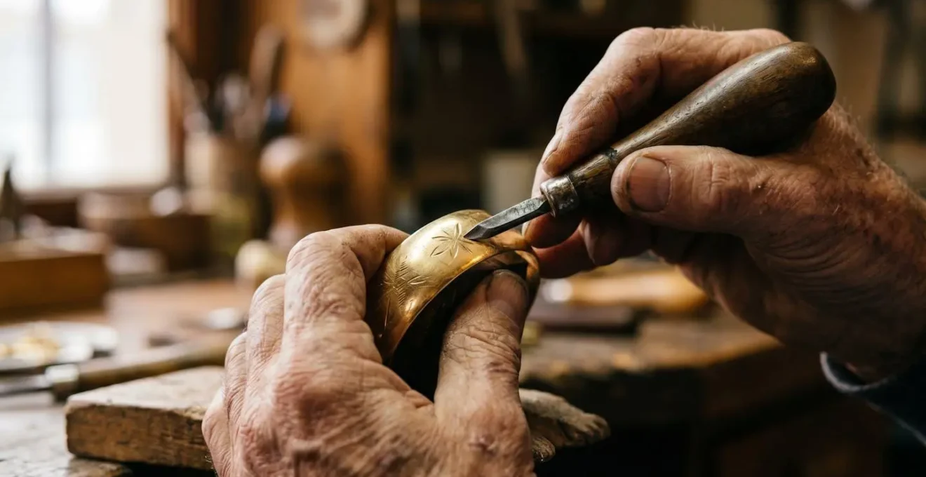 Manos de artesano grabando delicadamente una pieza de oro con buril