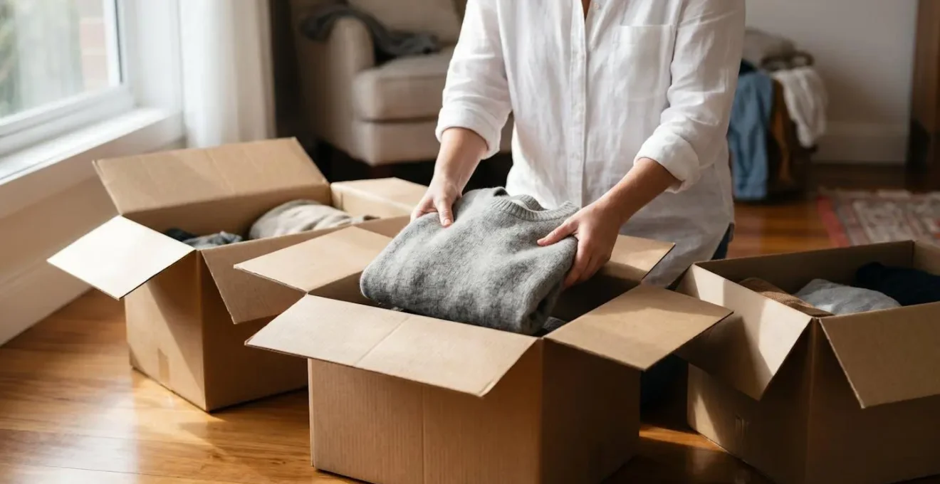 Sistema de tres cajas etiquetadas para organizar la auditoría del armario: conservar, donar y reflexionar