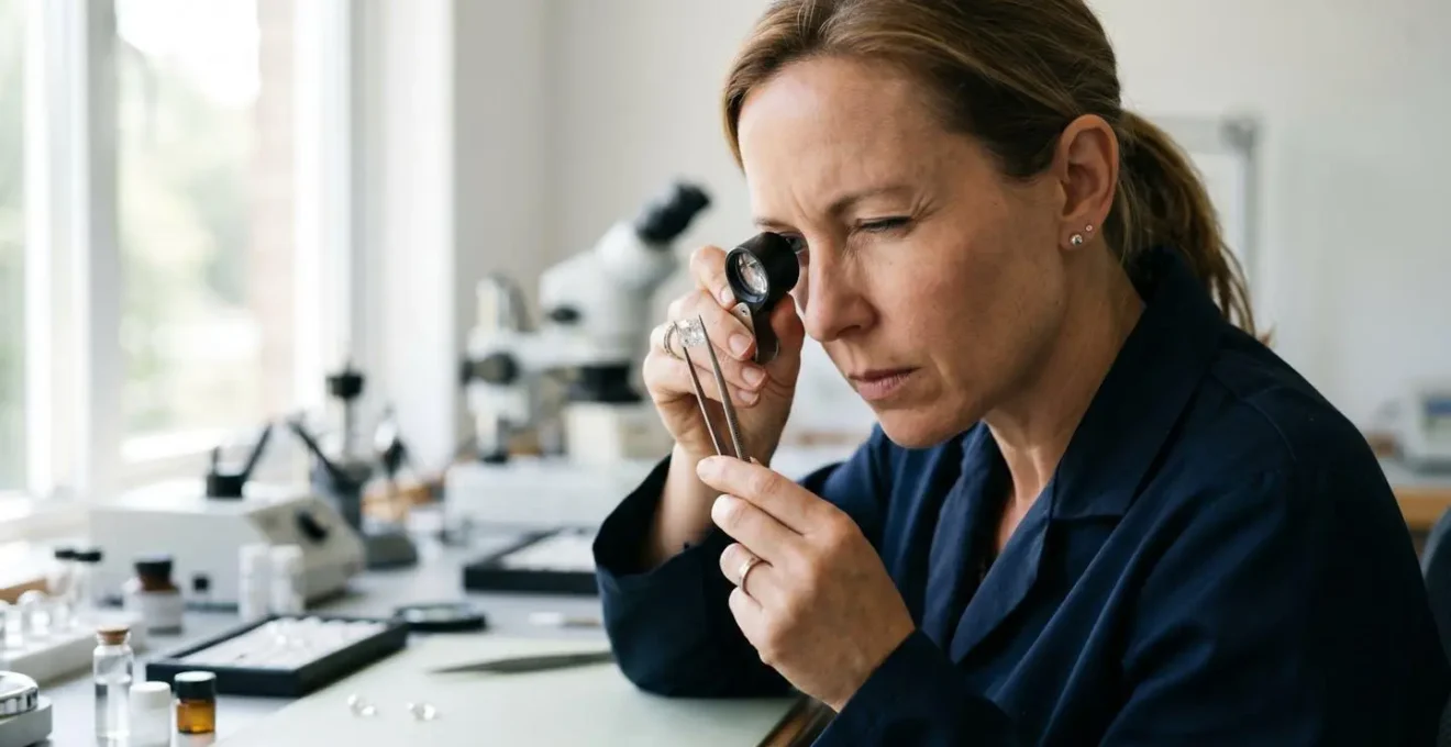 Gemólogo examinando un diamante con lupa profesional en laboratorio iluminado