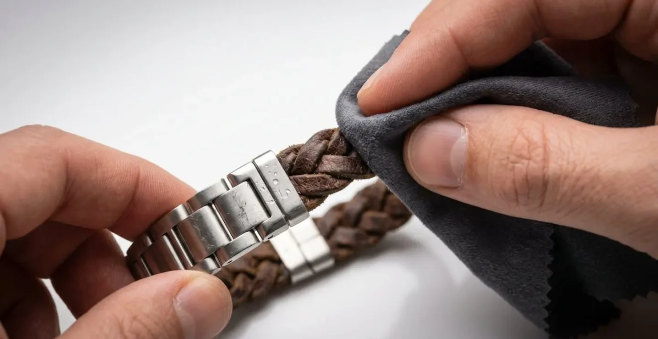 Detalle macro del proceso de limpieza de una pulsera mixta de cuero trenzado y acero inoxidable
