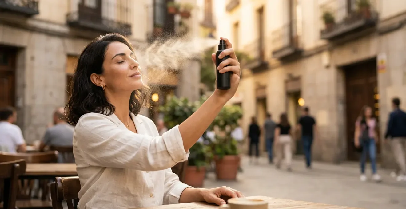 Mujer aplicando protector solar en spray sobre su maquillaje en un día soleado en Madrid