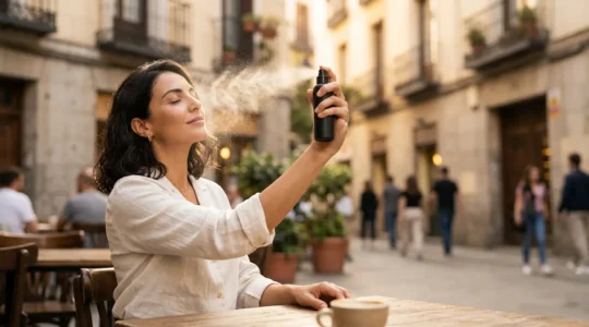 Mujer aplicando protector solar en spray sobre su maquillaje en un día soleado en Madrid