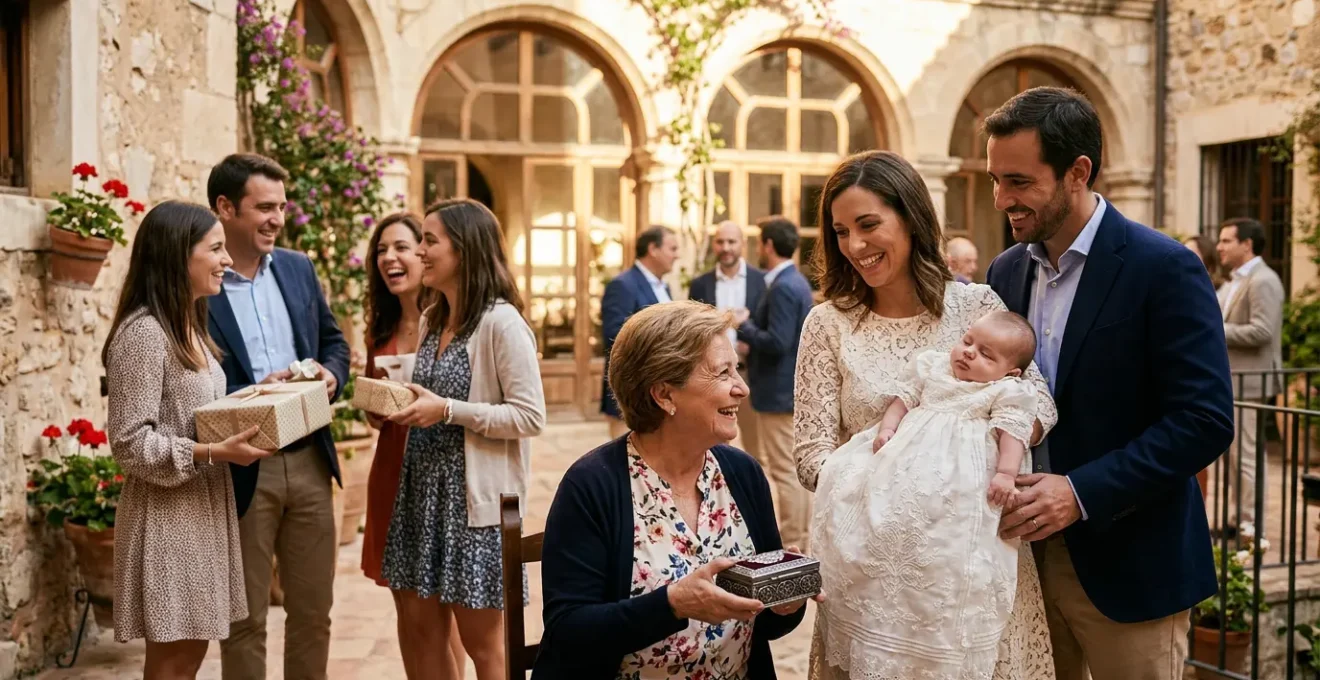 Familia española reunida para celebración de bautizo con regalos tradicionales
