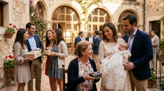 Familia española reunida para celebración de bautizo con regalos tradicionales