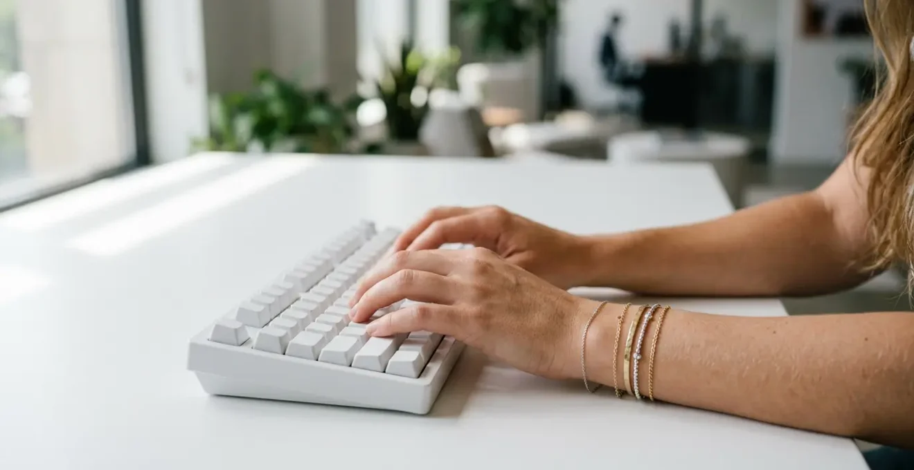 Mujer trabajando cómodamente con pulseras elegantes y ergonómicas en escritorio minimalista de oficina