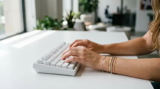 Mujer trabajando cómodamente con pulseras elegantes y ergonómicas en escritorio minimalista de oficina