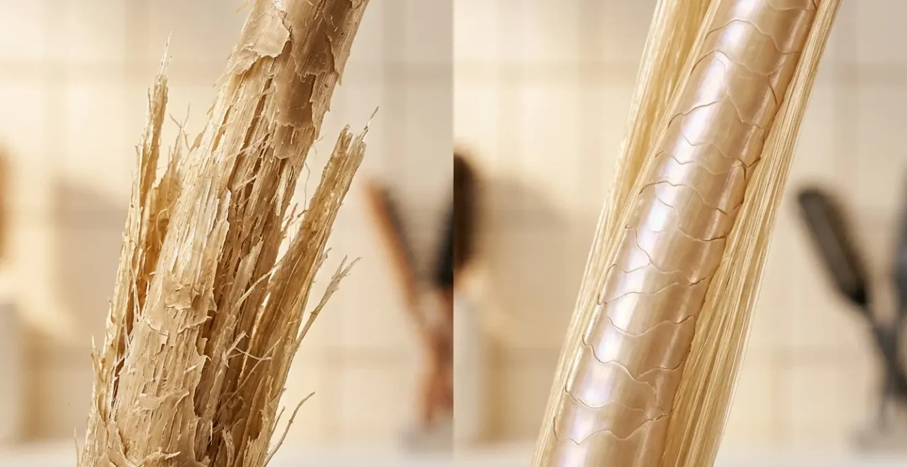 Cabello rubio platino brillante con textura sedosa mostrando la estructura interna reparada