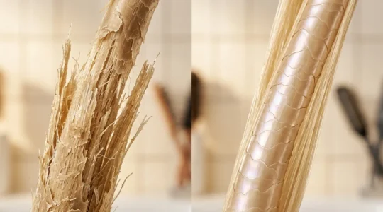 Cabello rubio platino brillante con textura sedosa mostrando la estructura interna reparada