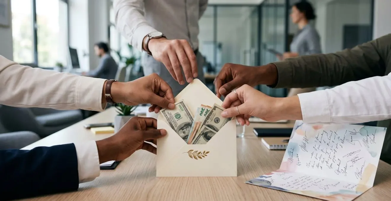 Compañeros de trabajo preparando regalo conjunto con tarjeta de felicitación grupal