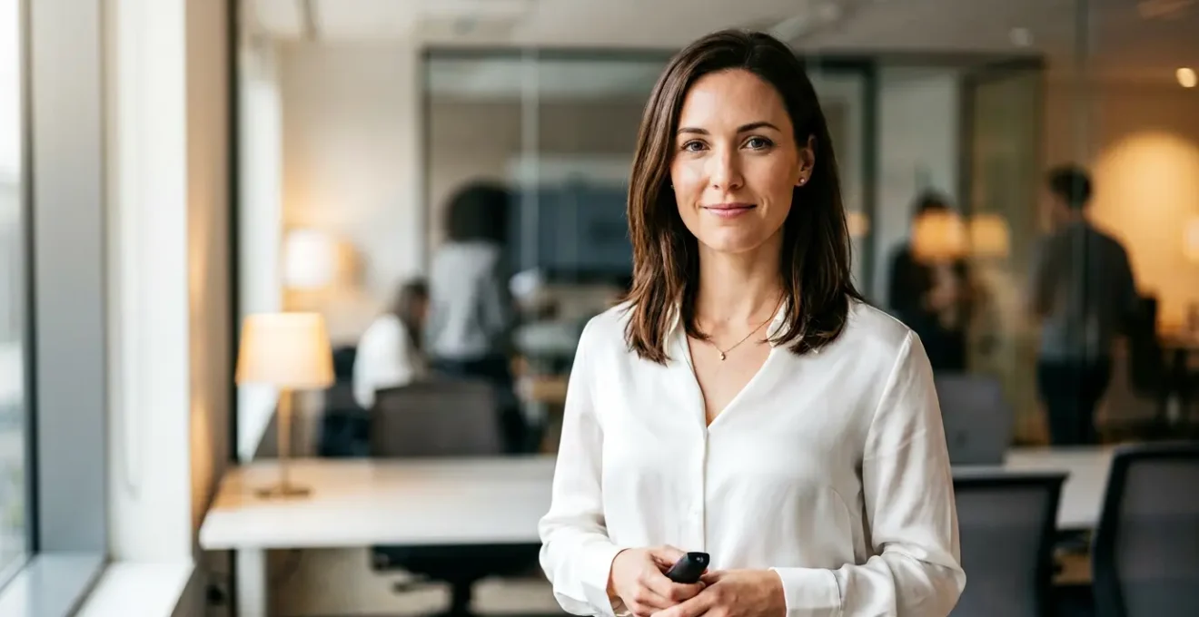 Mujer profesional con piel radiante y maquillaje impecable lista para una presentación importante