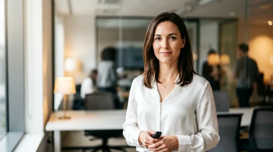 Mujer profesional con piel radiante y maquillaje impecable lista para una presentación importante