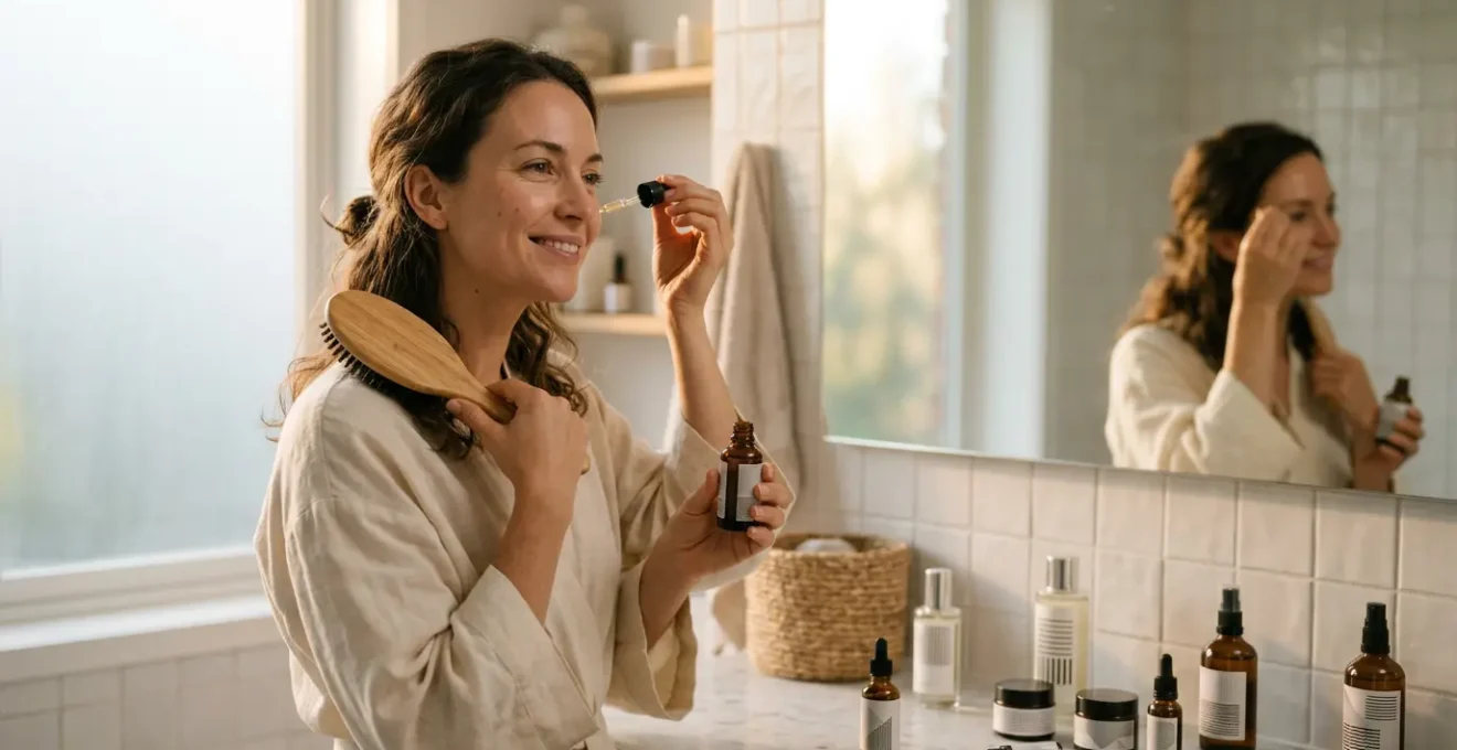 Mujer aplicando sérum facial con reloj circadiano visible en el fondo mientras peina su cabello